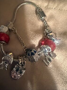 Silver Charm Bracelet with Red and Blue Accents